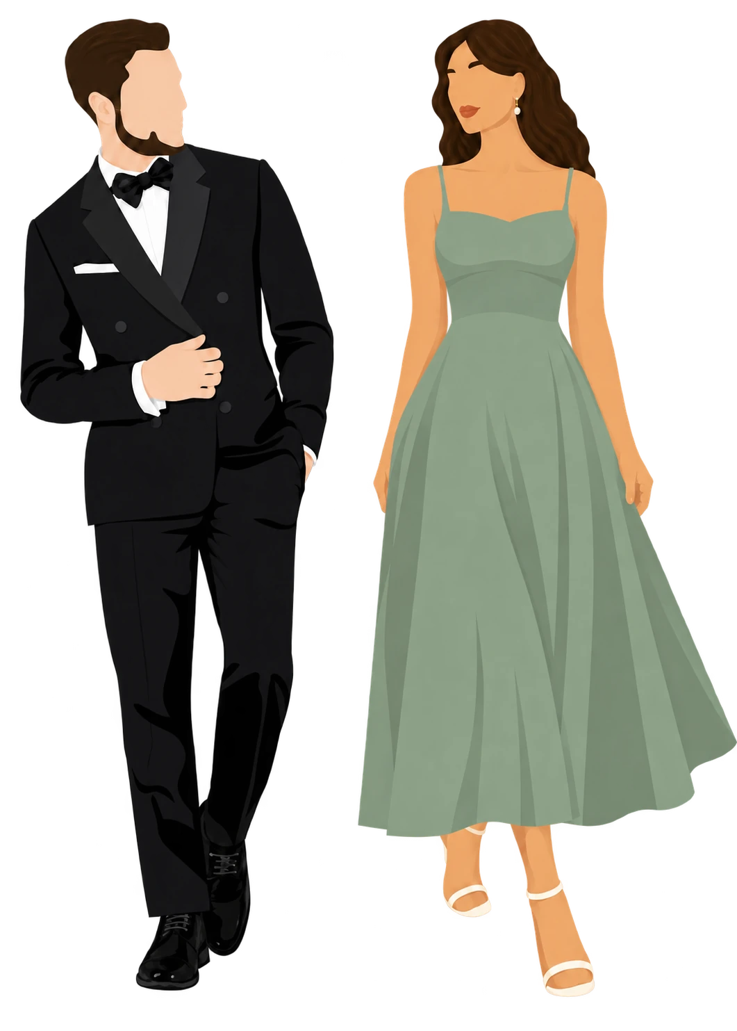 Ilustración de una pareja con vestimenta formal: traje oscuro y vestido verde salvia