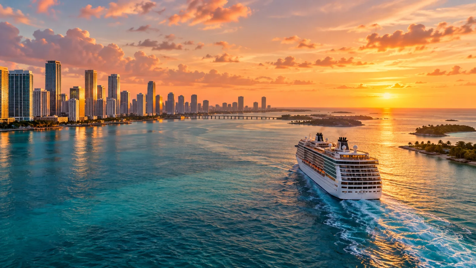 Ciudad costera y crucero navegando al atardecer